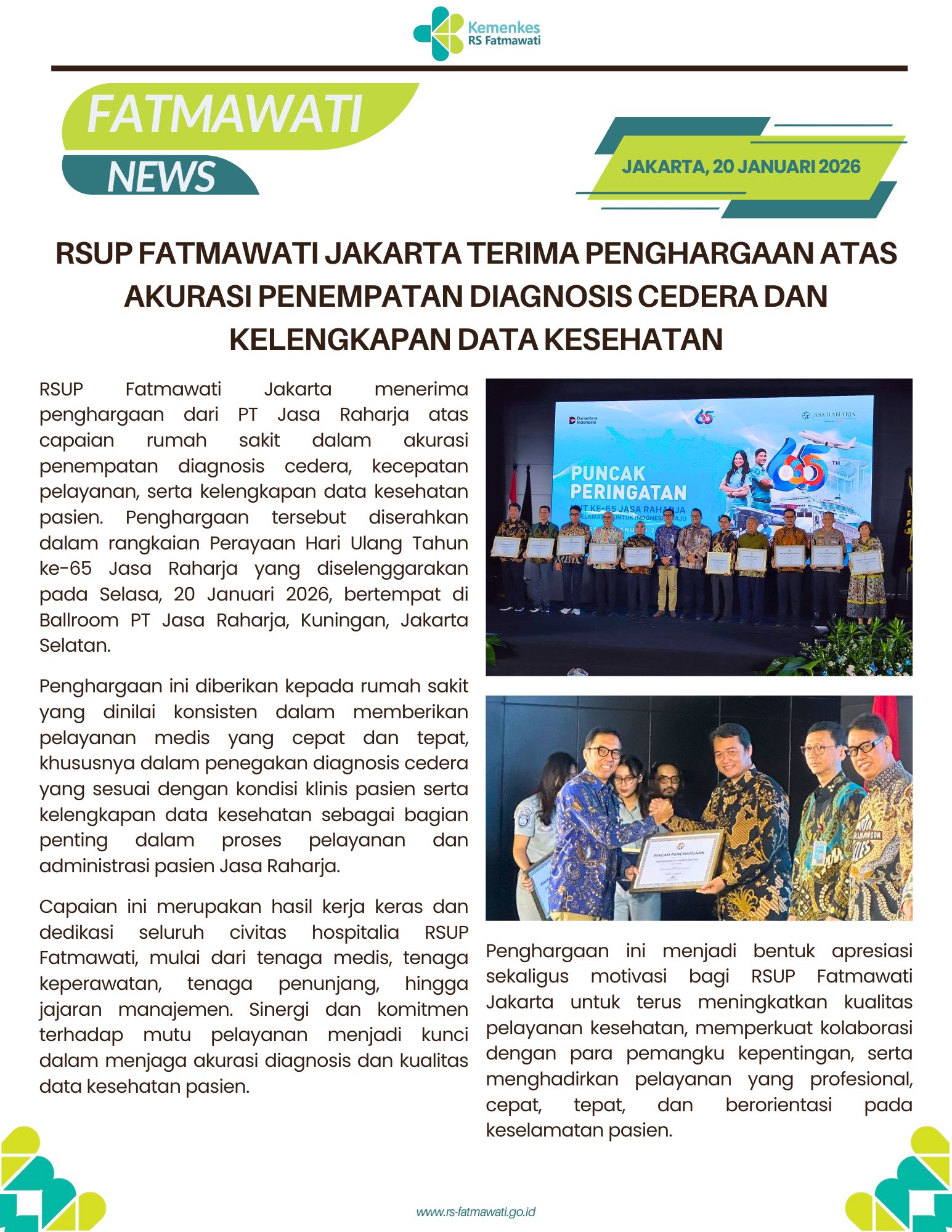 RSUP Fatmawti Jakarta Terima Penghargaan Atas Akurasi Penempatan Diagnosis Cedera dan Kelengkapan Data kesehatan